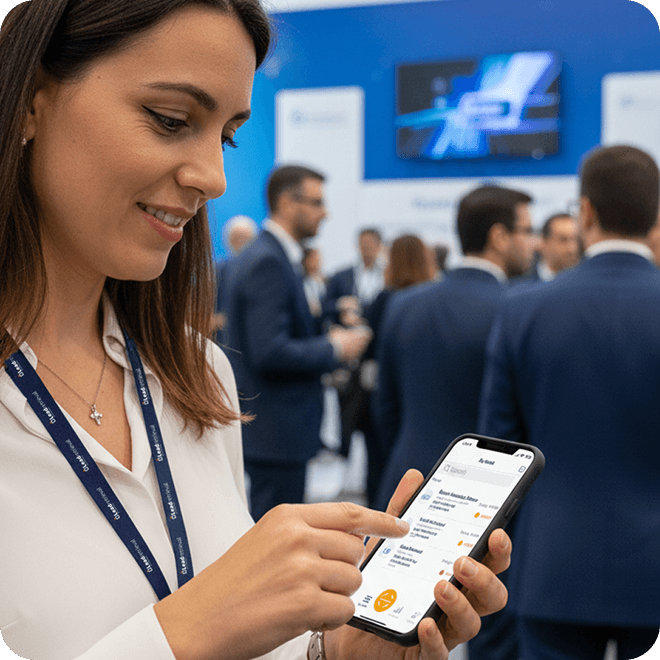 Woman using Lead Retrieval app in an event